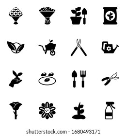 16 plant filled icons set isolated on white background. Icons set with bouquet, bridal bouquet, Gardening, vegetarian, Garden services, Gardening scissors, seeds, fertilizer icons.