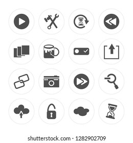16 Play, Settings, Unlock, Upload, Zoom out, Hourglass, Layer, Link, Switch modern icons on round shapes, vector illustration, eps10, trendy icon set.
