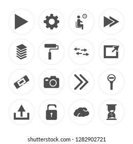 16 Play, Settings, Unlock, Upload, Zoom out, Hourglass, Layer, Link, Switch modern icons on round shapes, vector illustration, eps10, trendy icon set.