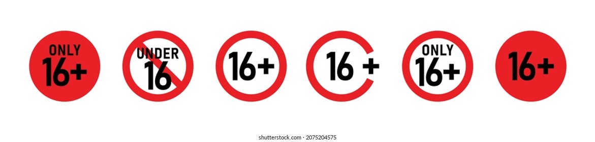 16 plus sign set. Sixteen. For adults only. Age restrictions, censorship, parental control. Icon for content, movies, alcohol, night clubs and bars.