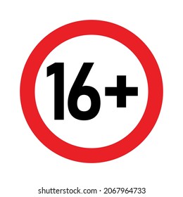 16 plus sign. Sixteen. For adults only. Age restrictions, censorship, parental control. Icon for content, movies, alcohol, night clubs and bars.