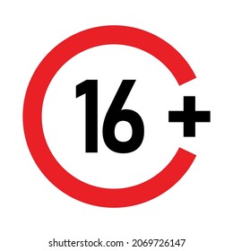 16 plus sign. Sixteen. For adults only. Age restrictions, censorship, parental control. Icon for content, movies, alcohol, night clubs and bars.