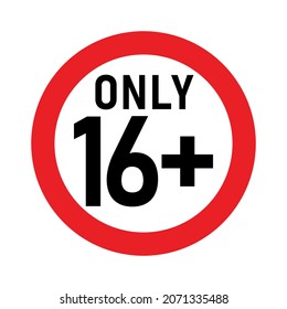 16 plus sign. Sixteen. For adults only. Age restrictions, censorship, parental control. Icon for content, movies, alcohol, night clubs and bars.