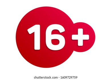 16 plus years old vector sign. Teenagers content icon. 16 + age restriction sign vector icons. Sixteen plus years cinema sticker, label, red round badge.