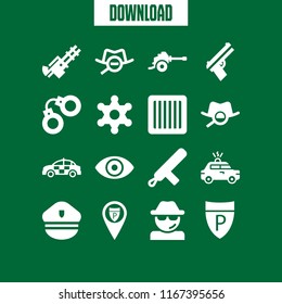 16 police vector icon set with police sign, police station pin, sheriff and machine gun icons for mobile and web