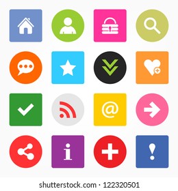 16 popular colors icon with basic sign. Simple circle and rounded square internet button. Solid plain monochrome flat tile metro style. Vector illustration web design elements saved 8 eps