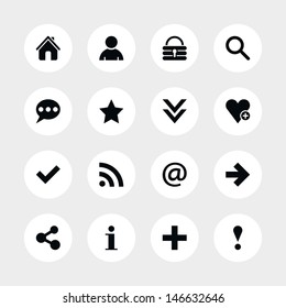 16 popular colors icon basic sign set 05. Black pictogram on white circle button. Solid plain monochrome flat tile. Simple contemporary modern style. Web design element vector illustration save 8 eps