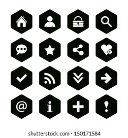 16 popular colors icon basic sign set 05. White pictogram on black hexagon button. Solid plain monochrome flat tile. Simple contemporary modern style. Web design element vector illustration 8 eps