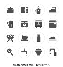 16 Pot, Microwave, Tap, Pan, Dish, Kettle, Barbecue, Freezer modern icons on round shapes, vector illustration, eps10, trendy icon set.
