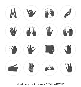 16 Prayer, Shaka, Smartphone, Thumb down, Drag, Tap, Vulcan salute, Pinch, Tap modern icons on round shapes, vector illustration, eps10, trendy icon set.