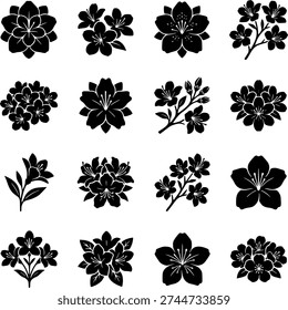 16 Premium Black Azalea Flower Icons. Botanical Graphic Elements. Design Element. Clip art. Suitable for artwork design. Editable for any design.