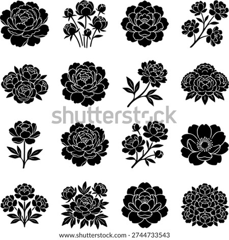 16 Premium Black Peony Flower Icons. Botanical Graphic Elements. Design Element. Clip art. Suitable for artwork design. Editable for any design.