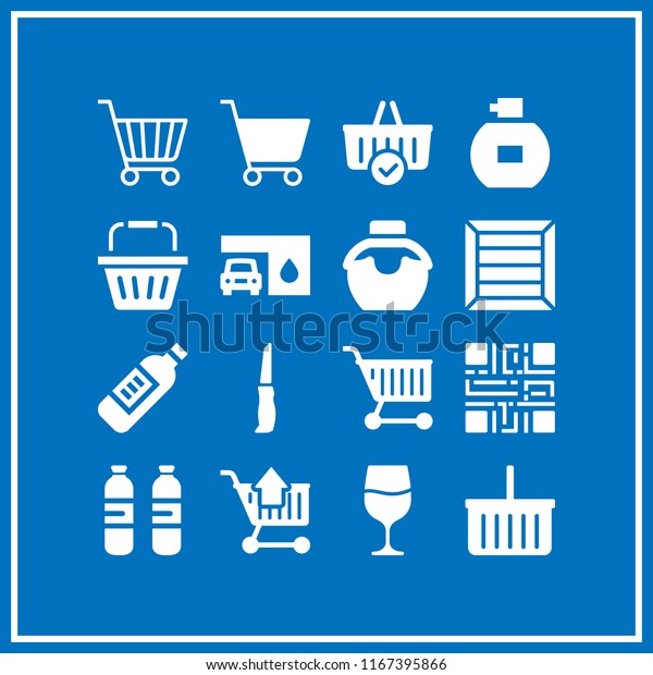 16 product vector\
icon set with shopping cart, perfume, wine bottle and package icons\
for mobile and web