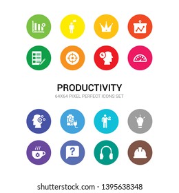 16 productivity vector icons set included hard hat, headphone, help, hot coffee, light bulb, man and dollar coin, mind charge, mind gears, mind tachometer, motivation, objective icons