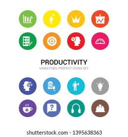 16 productivity vector icons set included hard hat, headphone, help, hot coffee, light bulb, man and dollar coin, mind charge, mind gears, mind tachometer, motivation, objective icons