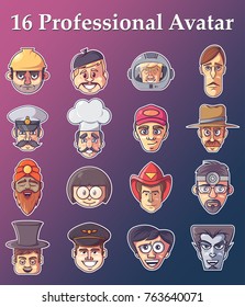 16 professional avatars characters of different professions: firefighter, astronaut, plumber and others. Vector illustration in a flat style. Emoji Design