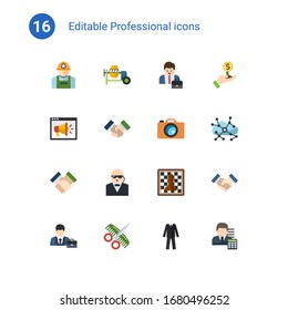 16 professional flat icons set isolated on . Icons set with worker, concrete mixer, Entrepreneur, Video training, Partnership, Photo services, cooperation, security, Chess icons.