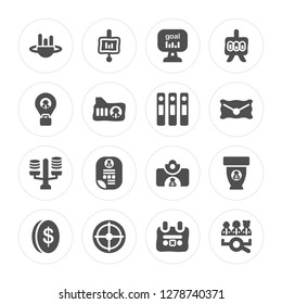 16 Profits, Presentation, Target, Money, Trophy, Job search, Placeholder, Scale, Files modern icons on round shapes, vector illustration, eps10, trendy icon set.