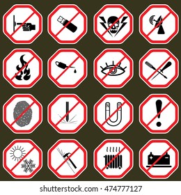 16 Prohibition signs, set vector illustration .Stop sign icon set