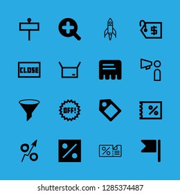 16 promotion icons with percentage commercial ticket and close rectangular commercial signal in this set