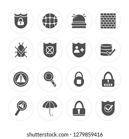 16 Protection, Network, Umbrella, Problem, Password, Shield, Virus, Warning, Insurance modern icons on round shapes, vector illustration, eps10, trendy icon set.