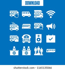 16 public vector icon set with wifi, speaker symbol of voice volume, school bus and podium icons for mobile and web