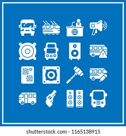 16 public vector icon set with speaker, mallet, news reporter and tram icons for mobile and web