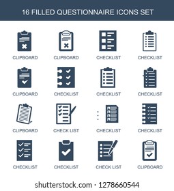 16 questionnaire icons. Trendy questionnaire icons white background. Included filled icons such as clipboard, checklist, check list. questionnaire icon for web and mobile.