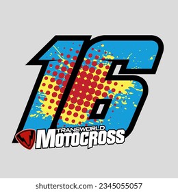 16. racing number light blue color, sport racing number with yellow and red halftone style vector illustration .isolated gray background