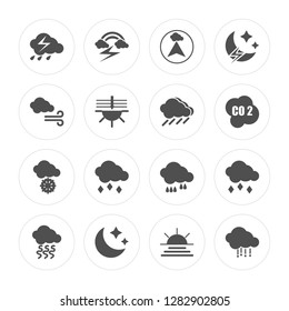 16 Rain, Bolt, Moon, Smog, Hail, Wind, Snowing, Rain modern icons on round shapes, vector illustration, eps10, trendy icon set.