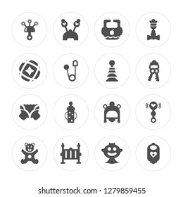 16 Rattle, Cradle, Bear Hat, Bib, Ball, Diaper, Pyramidal Toy modern icons on round shapes, vector illustration, eps10, trendy icon set.