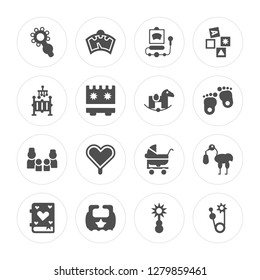 16 Rattle, Scale, Bib, Tale, Stork, Pin, Cradle, Family, Rocking horse modern icons on round shapes, vector illustration, eps10, trendy icon set.