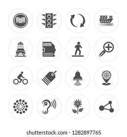 16 Reading, Big Traffic Light, Ear with Sound Bar, and Small Dots, Map Placeholder, Share, Car Wash modern icons on round shapes, vector illustration, eps10, trendy icon set.
