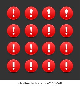 16 red web 2.0 button warning attention sign with exclamation mark. Smooth satined round shape with shadow on gray background