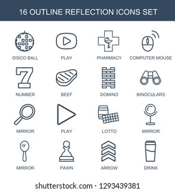 16 reflection icons. Trendy reflection icons white background. Included outline icons such as disco ball, play, pharmacy, computer mouse, number. reflection icon for web and mobile.