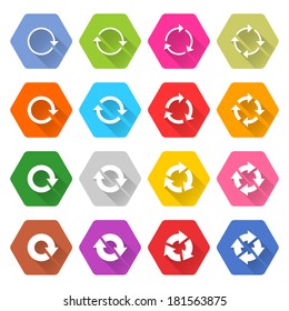 16 reload arrow icon long shadow set 04. White sign on colored rounded hexagon web button on white background. Simple flat style. Vector illustration internet design graphic element 10 eps