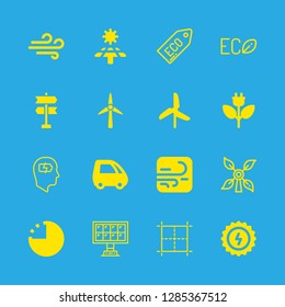 16 renewable icons with grid and electric car in this set
