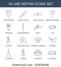 16 repair icons. Trendy repair icons white background. Included line icons such as paint brush, level ruler, garden hammer, wrench, screwdriver. repair icon for web and mobile.