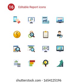 16 report flat icons set isolated on . Icons set with testing, analytics app, News Feed, Net Income, Search optimization, Clipboard, Web analytics, website optimization icons.