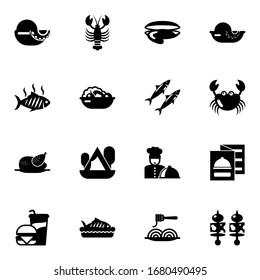 16 restaurant filled icons set isolated on white background. Icons set with seafood soup, lobster, oyster, grilled fish, Salad, sardine, chicken, Camping, seafood, crab icons.