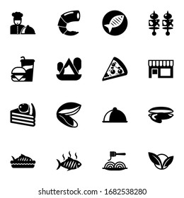 16 restaurant filled icons set isolated on white background. Icons set with chefs dish, shrimp, Fish, Beverage, Camping, Pizza, dessert, mussel, starters, Small business icons.