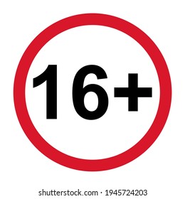 16+ restriction flat sign isolated on white background. Age limit symbol. No under sixteen years warning illustration .