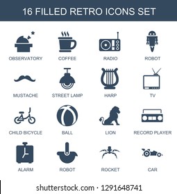 16 retro icons. Trendy retro icons white background. Included filled icons such as observatory, coffee, radio, robot, mustache, street lamp, harp. retro icon for web and mobile.