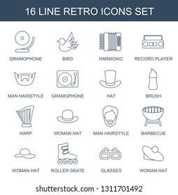 16 retro icons. Trendy retro icons white background. Included line icons such as gramophone, bird, harmonic, record player, man hairstyle, hat. retro icon for web and mobile.