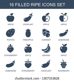 16 ripe icons. Trendy ripe icons white background. Included filled icons such as apple, eggplant, potato, pineapple, currant, aubergine, strawberry. ripe icon for web and mobile.