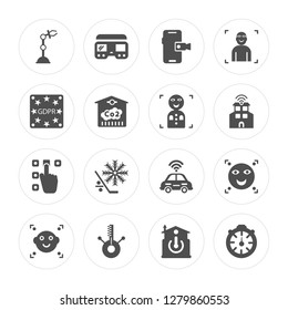 16 Robotic arm, Virtual reality, Temperature, Facial recognition, Thermostat, GDPR modern icons on round shapes, vector illustration, eps10, trendy icon set.