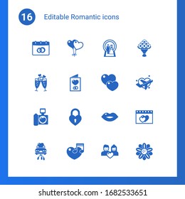 16 romantic filled icons set isolated on . Icons set with wedding date, balloons, Wedding, champagne, Invitation, love, wedding photography, heart lock, kiss, just married car icons.