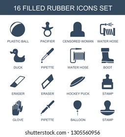 16 rubber icons. Trendy rubber icons white background. Included filled icons such as plastic ball, pacifier, censored woman, water hose, duck. rubber icon for web and mobile.