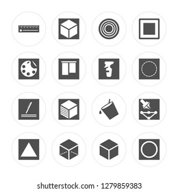 16 Ruler, Cube, Triangle, , Oval, Paint palette, Edit, Spray modern icons on round shapes, vector illustration, eps10, trendy icon set.