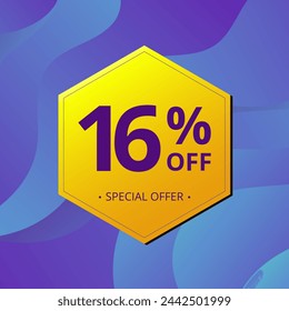 16% Sale and Discount Label. Sixteen percent Sale Discount label Geometric design. Abstract Blue and Yellow Hexagon. Vector illustration.